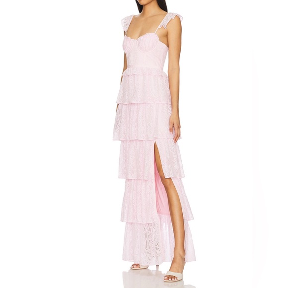 Elegant Pink Lace Tiered Dress revolve - Picture 2 of 3